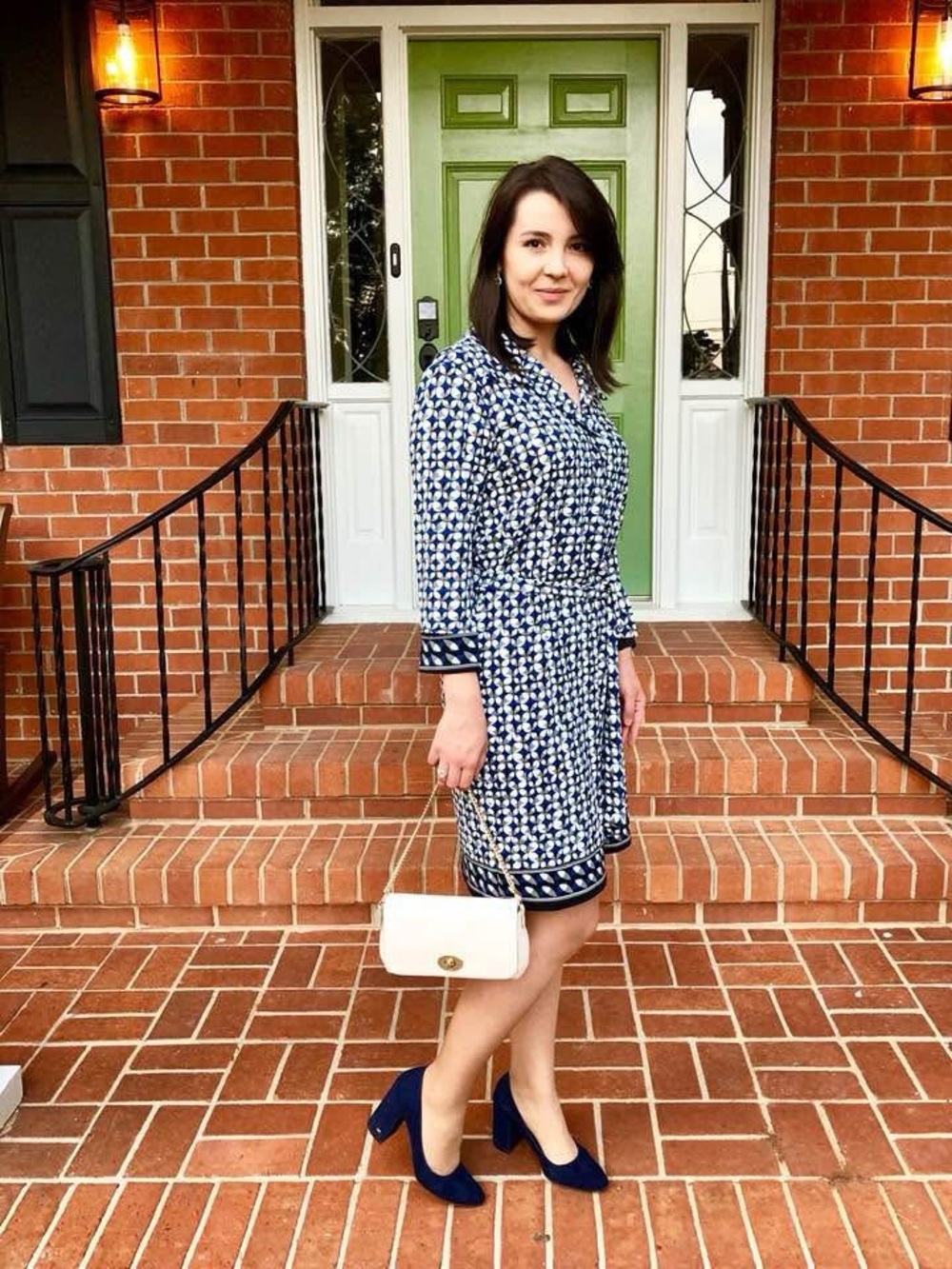 Max Studio Navy and White Geometric Midi Shirt Dress